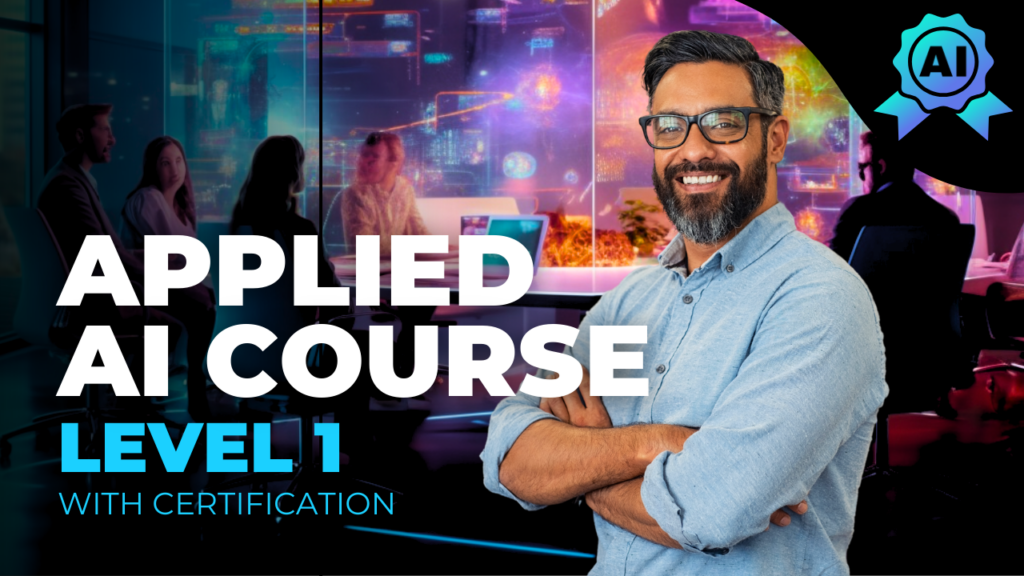 Applied AI Course Level 1 also presents a strong visual message. The inclusion of a different instructor adds a personal touch and suggests diversity in the course's teaching staff, which can be very appealing to a broad audience. The design maintains consistency with the first in terms of style and color scheme, which is excellent for brand cohesion. The text addition "Level 1 with Certification" clearly communicates the structured nature of the course, which could motivate potential students looking for a recognized credential in AI.